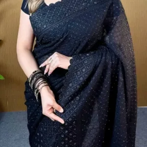 এমব্রডারি কাজের উপর কালো ডায়মন্ড পাথরের কাজের জর্জেট শাড়ী